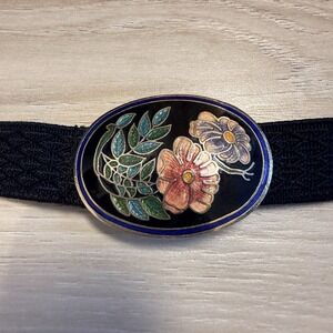 Women's Vintage Cloisonne Black/Floral‎ Design Buckle W/ Stretch Black Belt